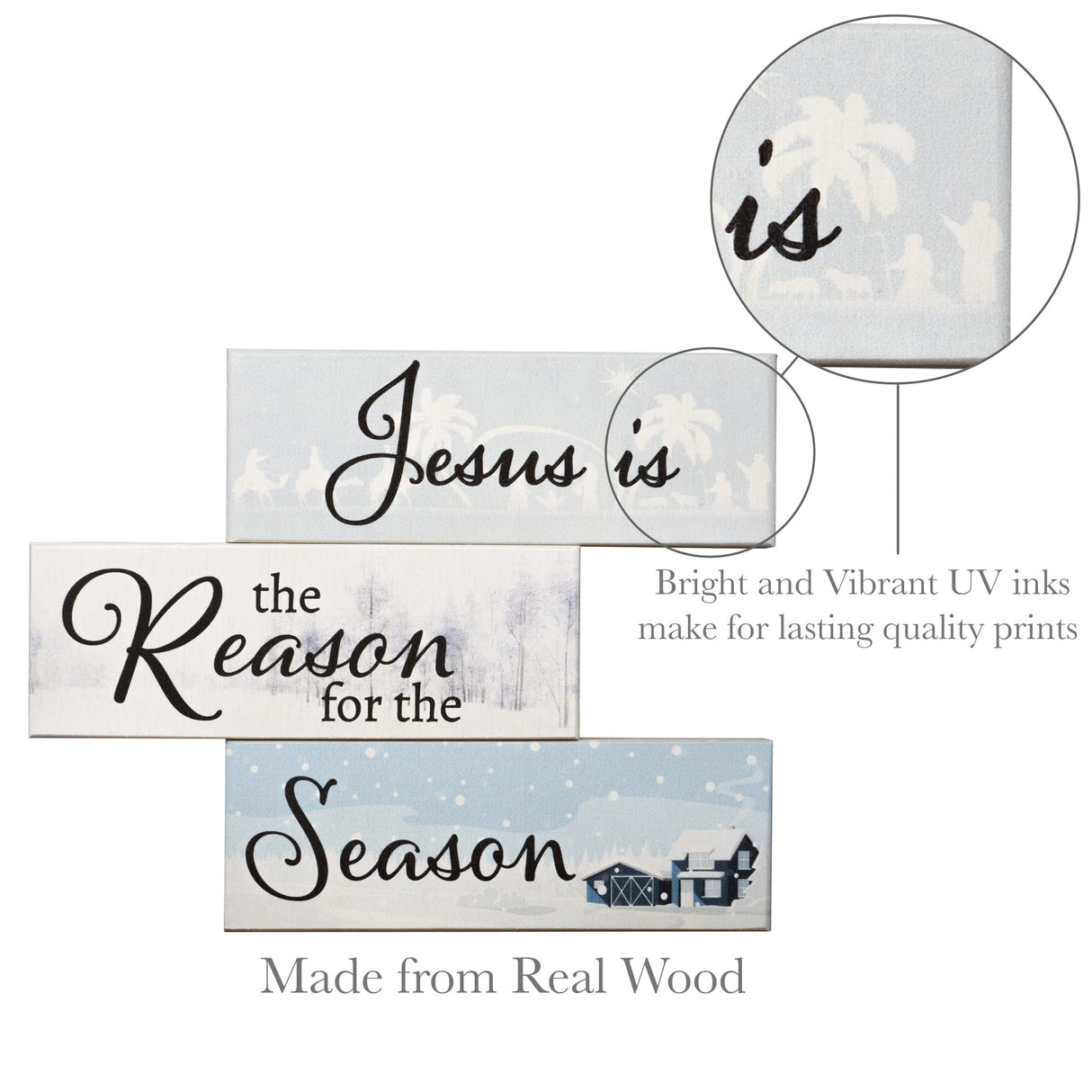 Jesus is the Reason for the Season Mini Wood Block Set - 3pc Christmas Decor, Religious Holiday Decorations, Tiered Tray & Shelf Display, Made in USA