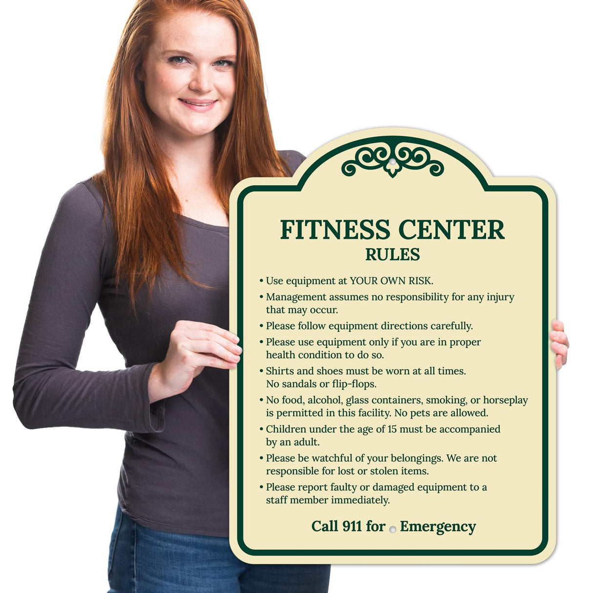 Sigo Signs, Fitness Center Rules Use Equipment at Your Own Risk Décor Sign, Green Light, 12x18 Inches, ACM, Fade Resistant, Made in USA