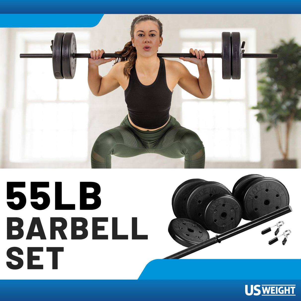 US Weight Barbell Set for home gym workout - Made in USA, Essential Home Gym Equipment for Strength Training