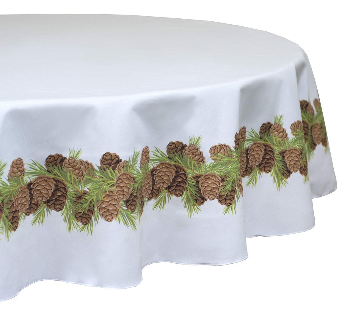 Fabric Textile Products Round Tablecloth, 100% Milliken Polyester, Machine Washable, 90" Round, Christmas Garland Border