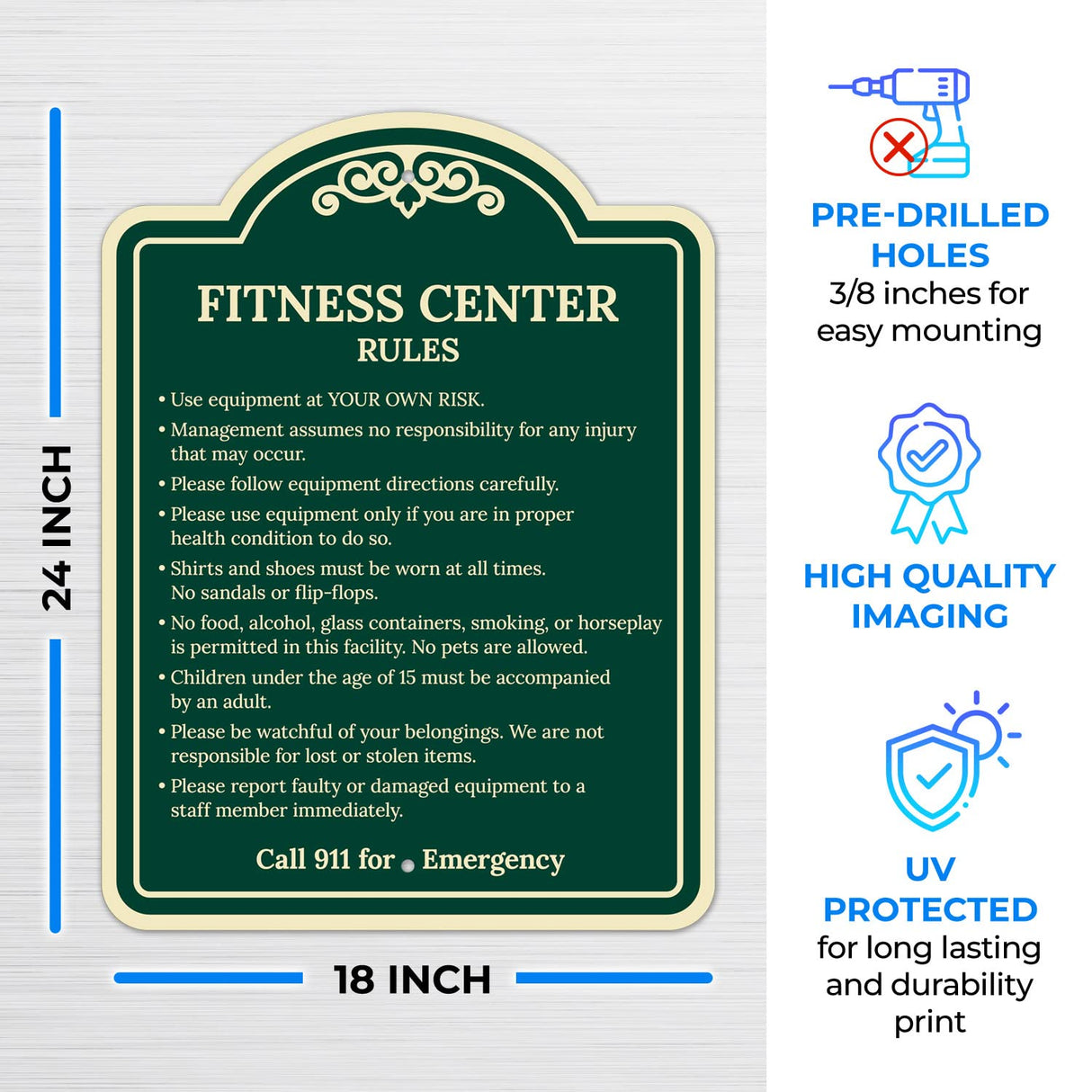 Sigo Signs, Fitness Center Rules Use Equipment at Your Own Risk Décor Sign, Green Light, 12x18 Inches, ACM, Fade Resistant, Made in USA