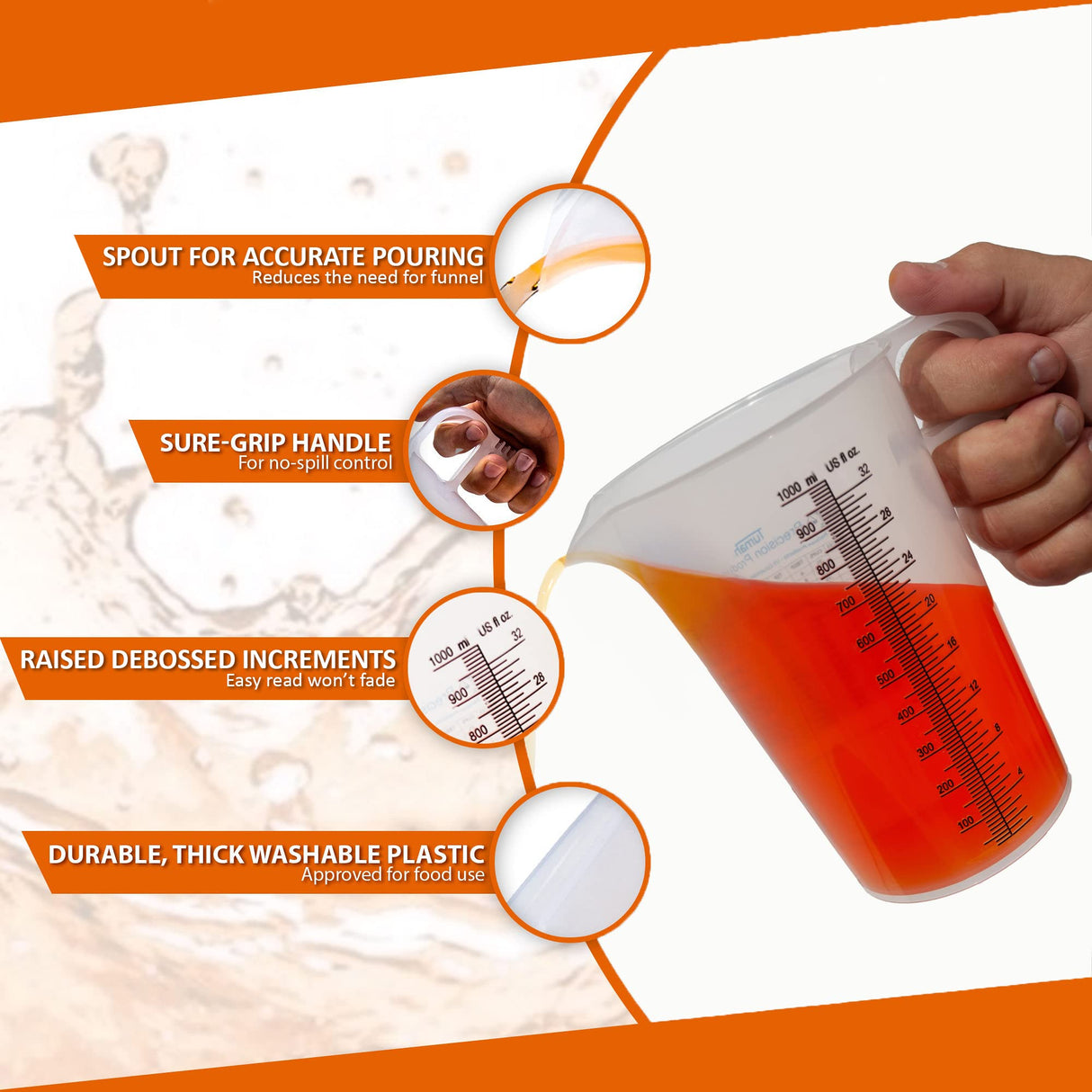 One Gallon 128oz Measure Pitcher - Convenient Conversion Chart - Strong Food Grade - Great for Lawn, Chemicals Pool, Ag, Lye, Home Hobbies, Motor Oil, Fluids - Turnah Precision Products, Made in USA