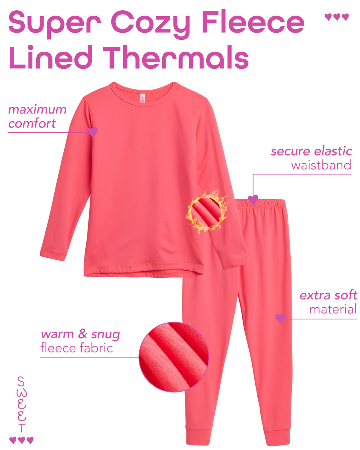 Sweet Hearts Thermal Underwear Set – 2 Piece Fleece Lined Top and Long Johns - Performance Base Layer Set: Made in USA