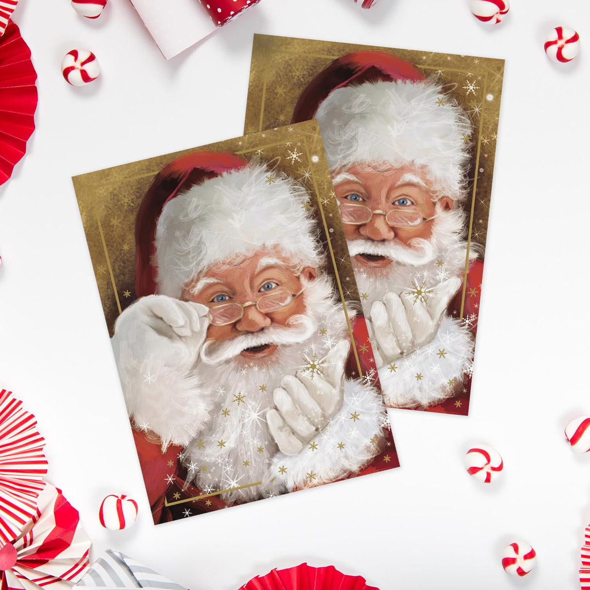 Masterpiece Sparkling Santa Christmas Cards / 16 Festive Holiday Cards Set With White Envelopes / 5 5/8" x 7 7/8" Winter Gold Foil Greeting Cards With Inside Verse/Made In The USA