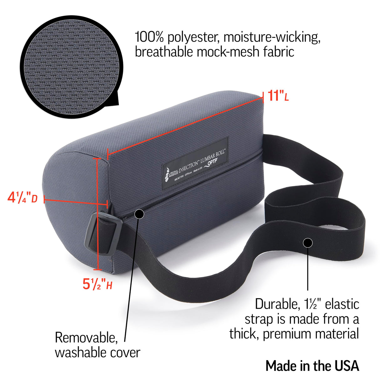 OPTP The Original McKenzie D-Section Lumbar Roll – USA-Made Low Back Lumbar Support Pillow for Office, Back Pillow for Car and Travel. The Preferred Lumbar Pillow of Physical Therapists.