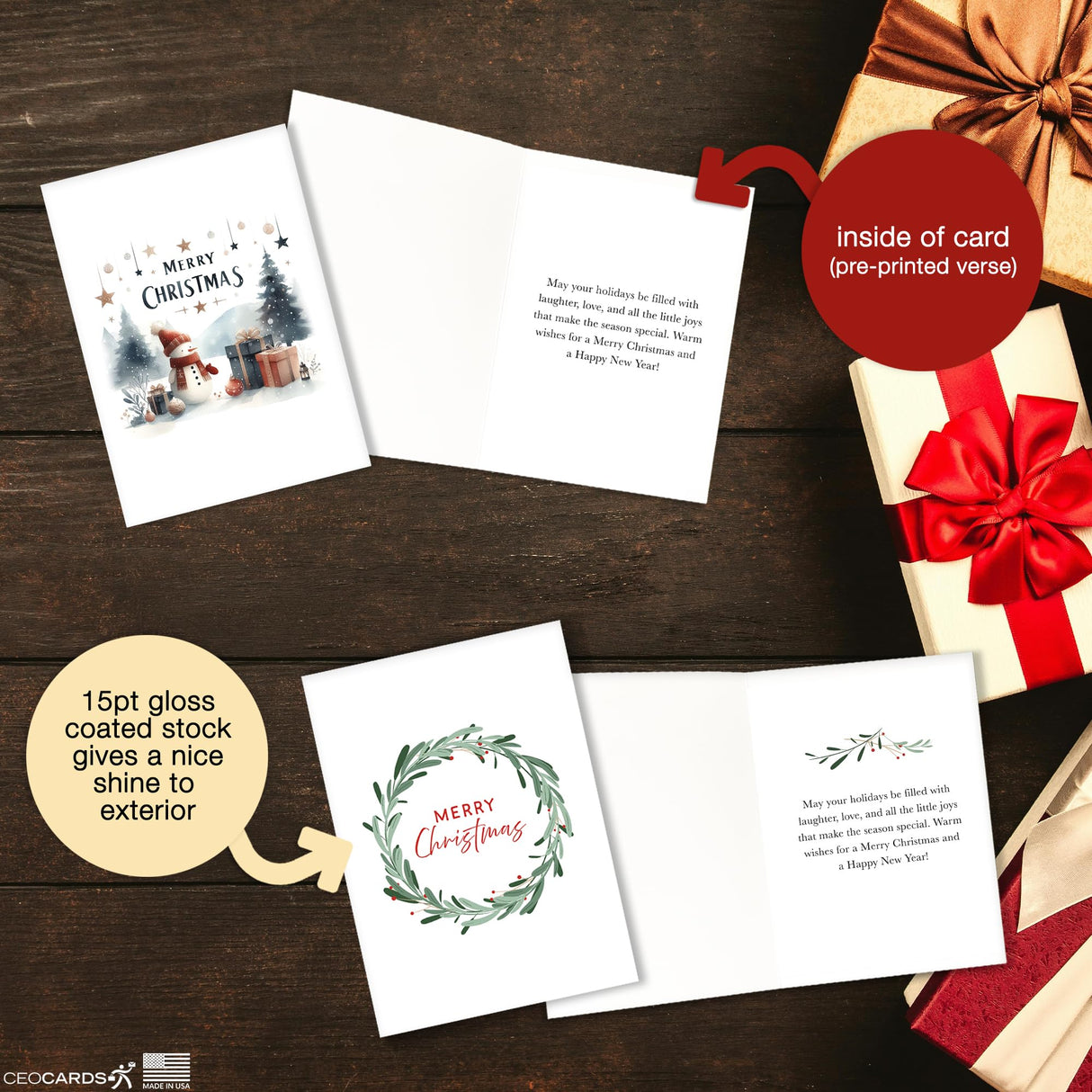 Merry Christmas Cards for Business & Family (Variety Pack 4 Seasonal Designs) Bulk Greeting Card Set Pack of 20 Holiday Cards with Envelopes (5x7 inch - A7) Office, Work, Employees & Clients VP2404