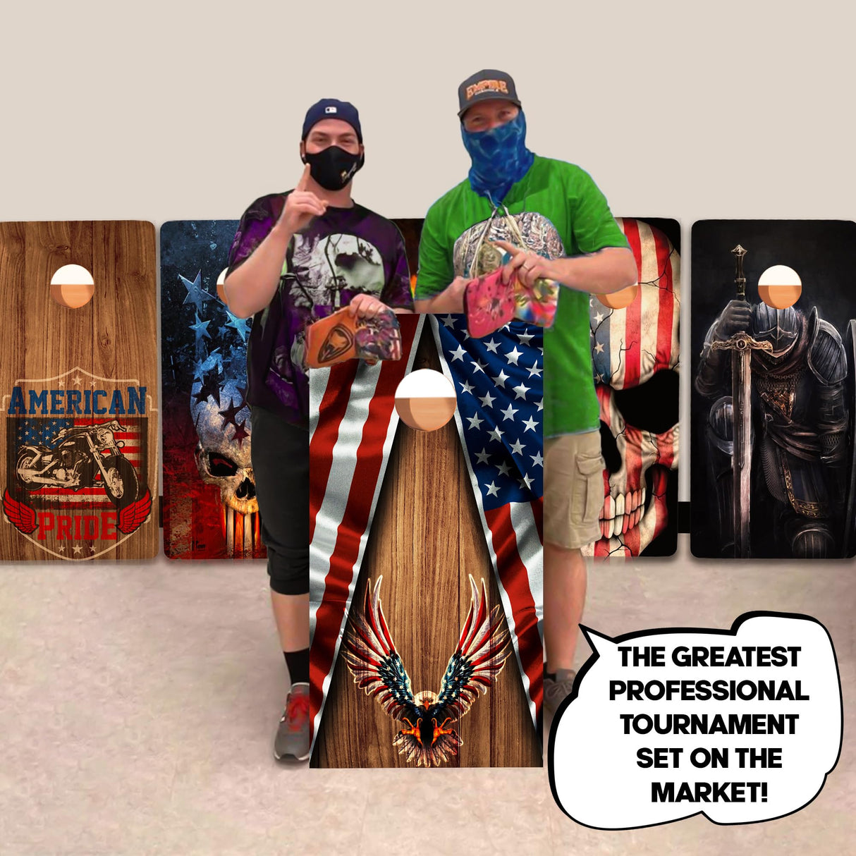 BackYardGamesUSA Pro Cornhole Boards Set | Made in USA | 3/4 Baltic Birch | No Bounce | Triple Thick Legs | Two Brace & Handles, Tournament 2x4 Regulation Set with Score Tower & Cornhole Bags