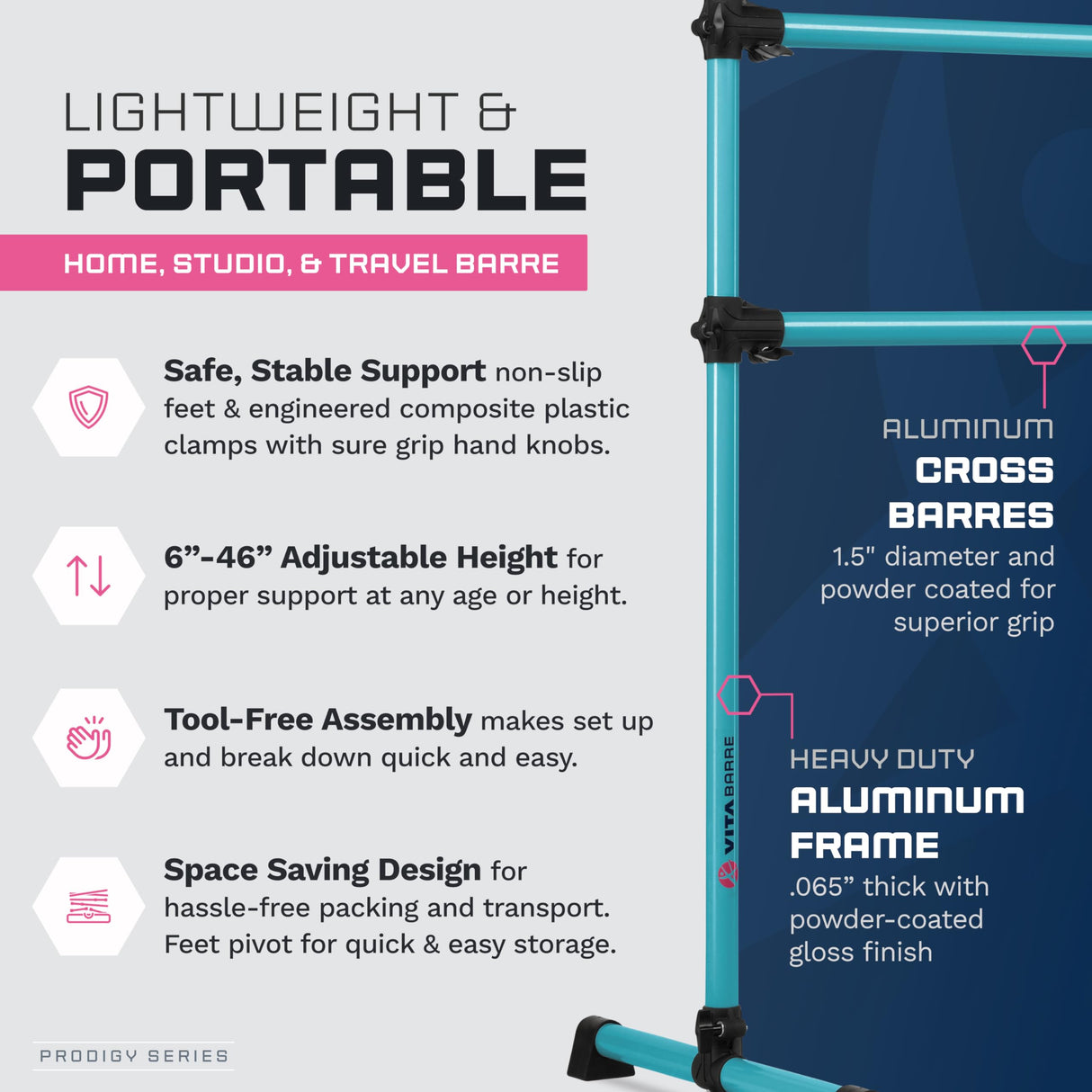 VITA Barre Portable Freestanding Double Ballet Barre, Prodigy, Aluminum | Adjustable Height, USA Made, Home or Gym Exercise Equipment for Kids & Adults | Dance, Fitness, Pilates