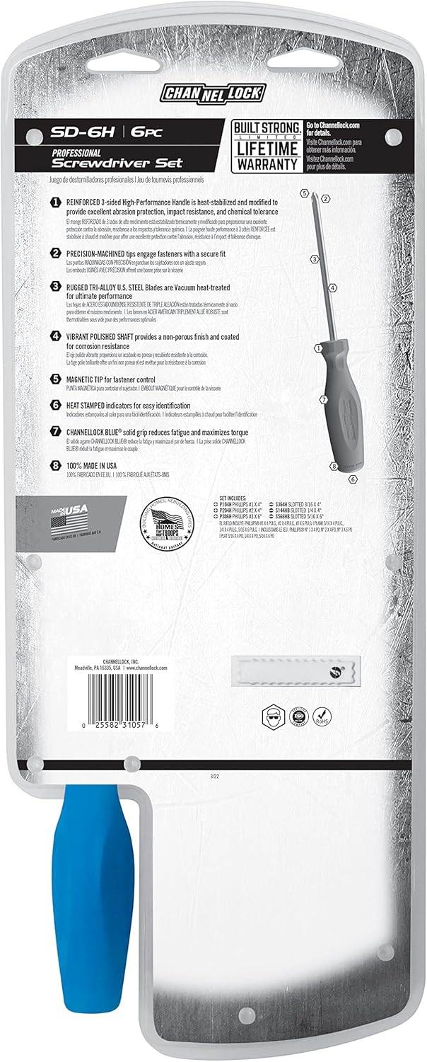 CHANNELLOCK SD-6H 6 Piece Professional Screwdriver Set, Magnetic Tip, Made in USA, Molded Tri-Lobe Grip