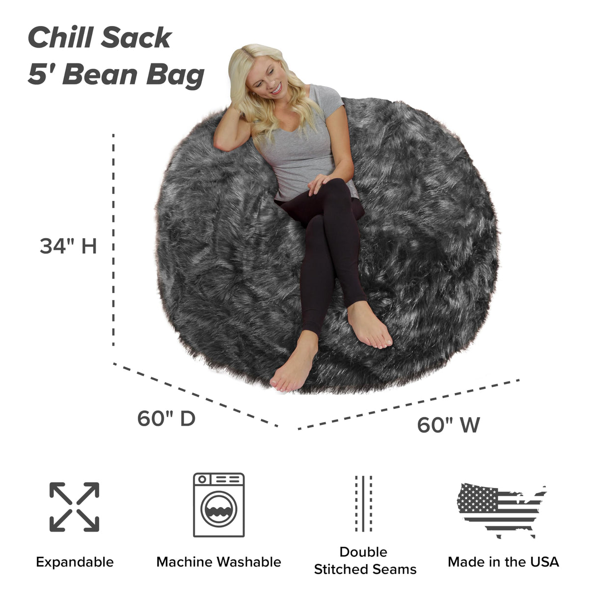 Chill Sack Bean Bag Chair: Giant 5' Memory Foam Furniture Bean Bag - Big Sofa with Soft Micro Fiber Cover - Black