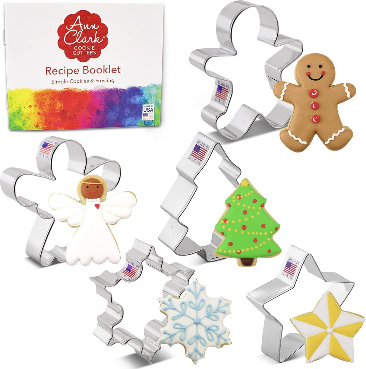 Christmas and Holiday Cookie Cutters 5-Pc Set Made in USA by Ann Clark, Gingerbread Man, Christmas Tree, Star, Snowflake, Angel
