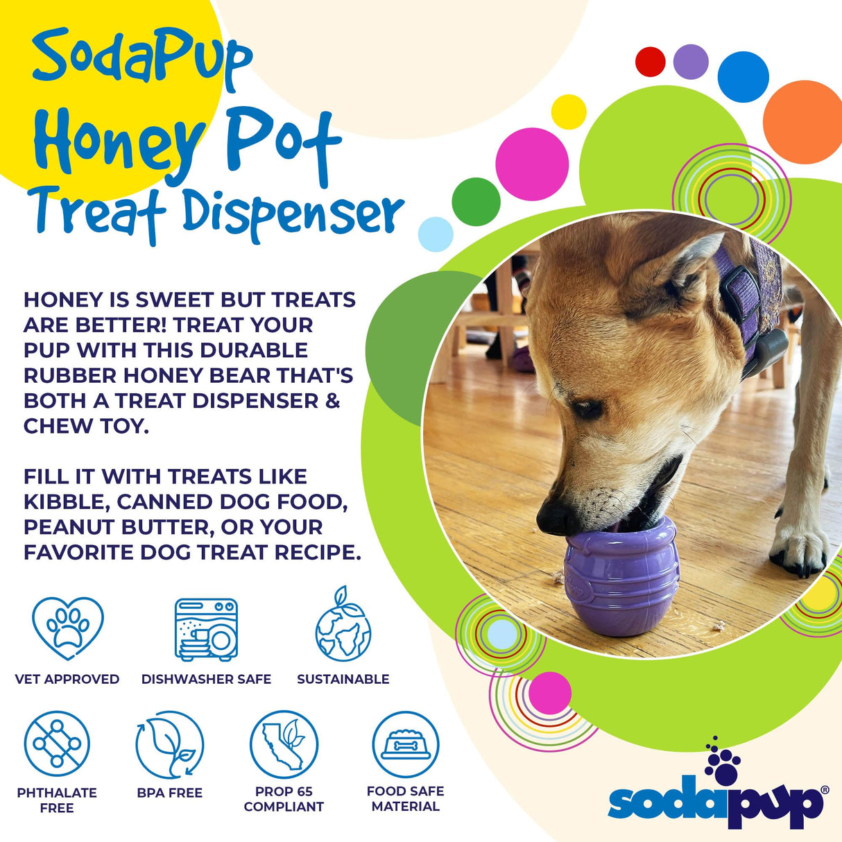 SodaPup Honey Pot – Durable Dog Treat Dispenser & Enrichment Toy Made in USA from Non-Toxic, Pet Safe, Food Safe Natural Rubber Material for Mental Stimulation, Problem Chewing, Calming Nerves, & More