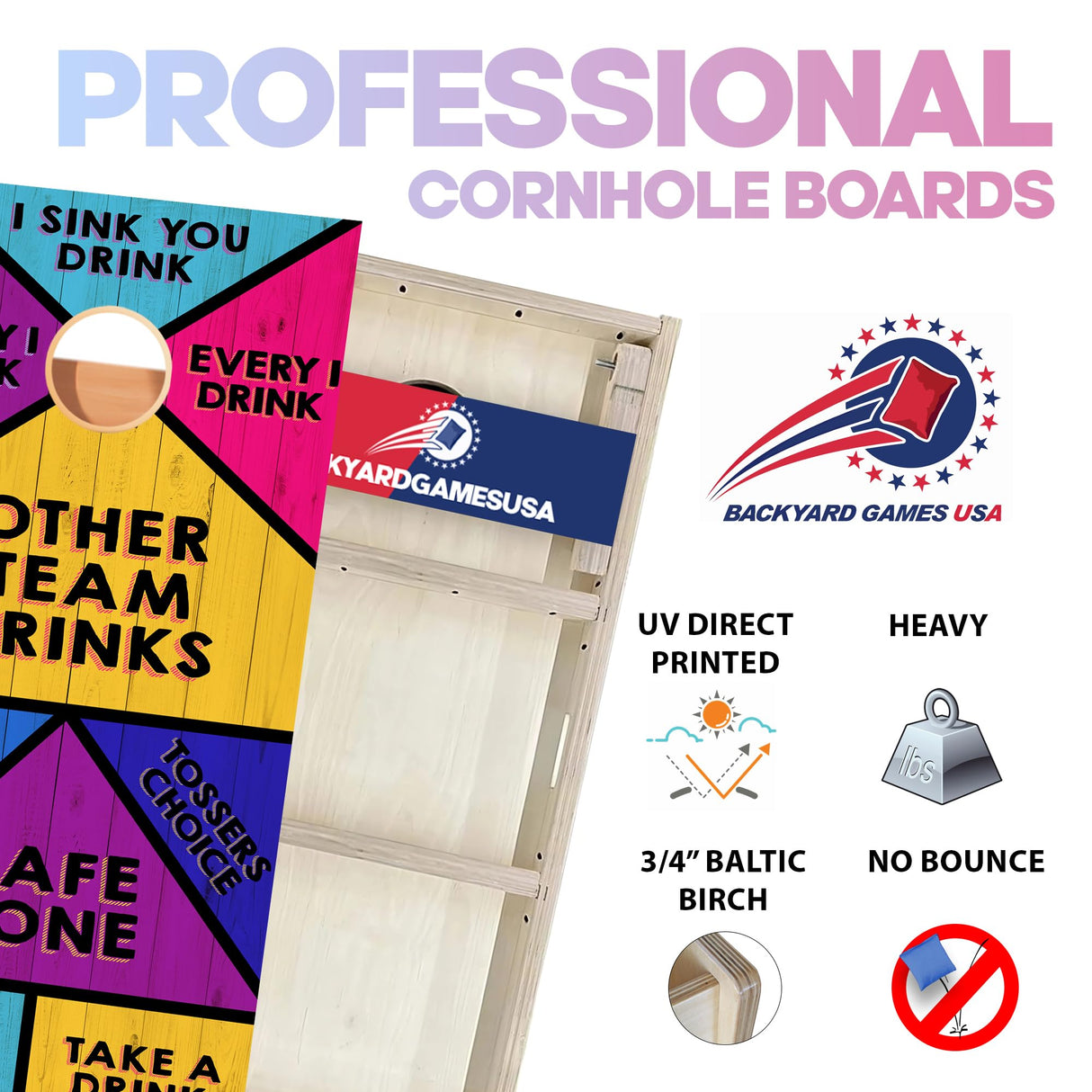 BackYardGamesUSA Pro Cornhole Boards Set | Made in USA | 3/4 Baltic Birch | No Bounce | Triple Thick Legs | Two Brace & Handles, Tournament 2x4 Regulation Set with Score Tower & Cornhole Bags