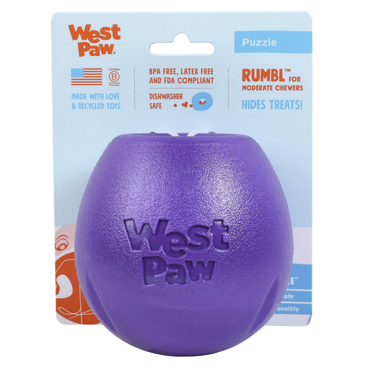 West Paw Zogoflex Rumbl Treat-Dispensing Dog Toy – Interactive Slow-Feeder Chew – Enrichment Toy Moderate Chewers, Fetch, Catch – Holds Kibble, (Eggplant, Large)