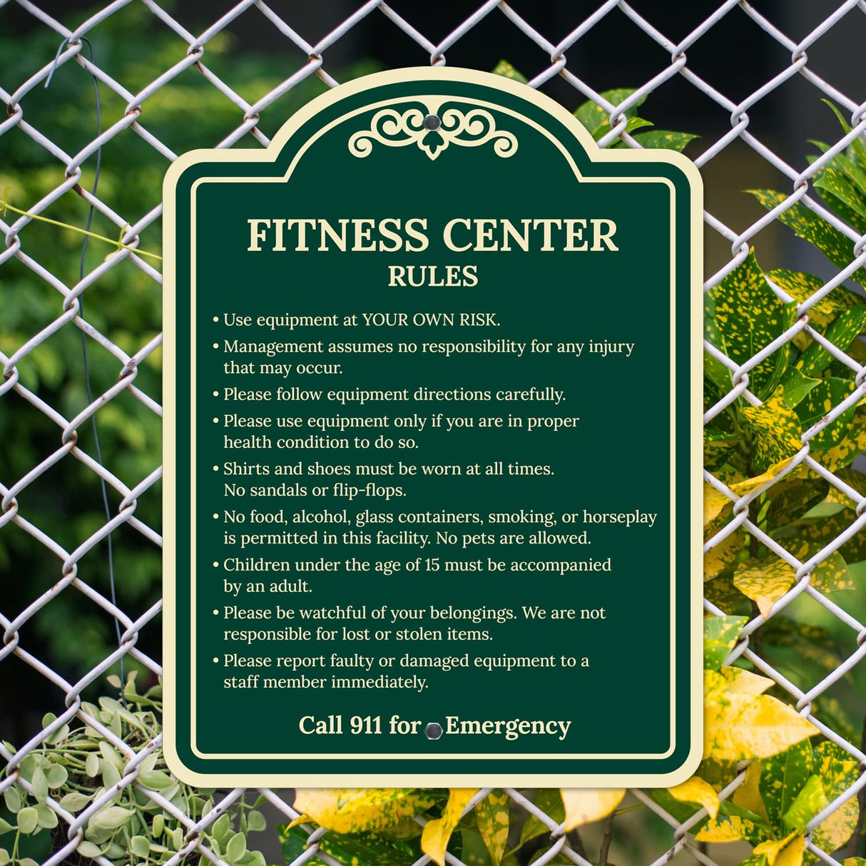 Sigo Signs, Fitness Center Rules Use Equipment at Your Own Risk Décor Sign, Green Light, 12x18 Inches, ACM, Fade Resistant, Made in USA