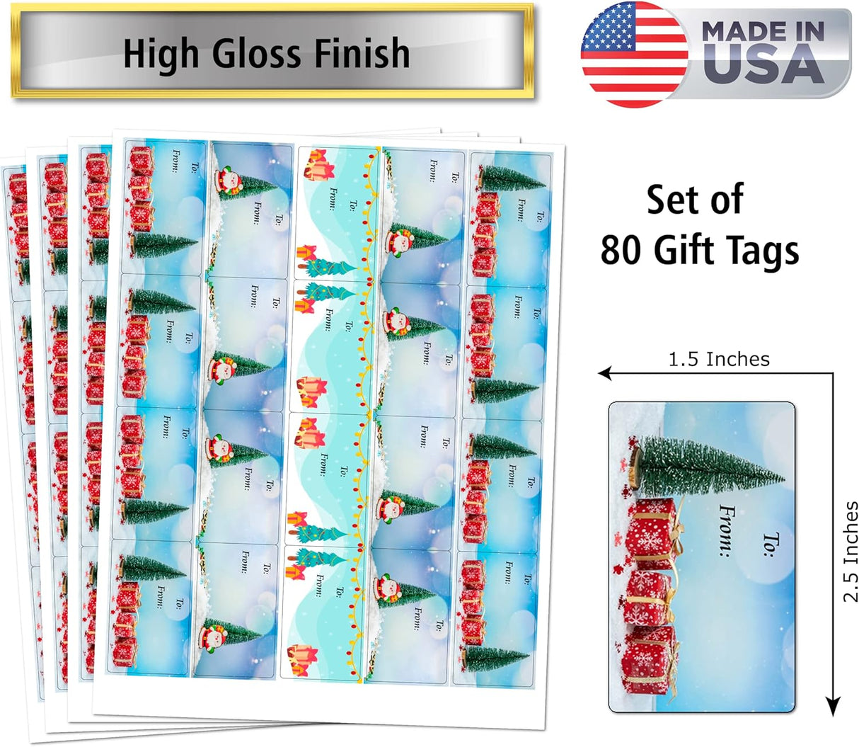 Christmas Tree Gift Tags, Self Adhesive Glossy Stickers, Xmas Present Labels. Set of 80 Labels. to and from Labels. Merry Christmas Made in USA