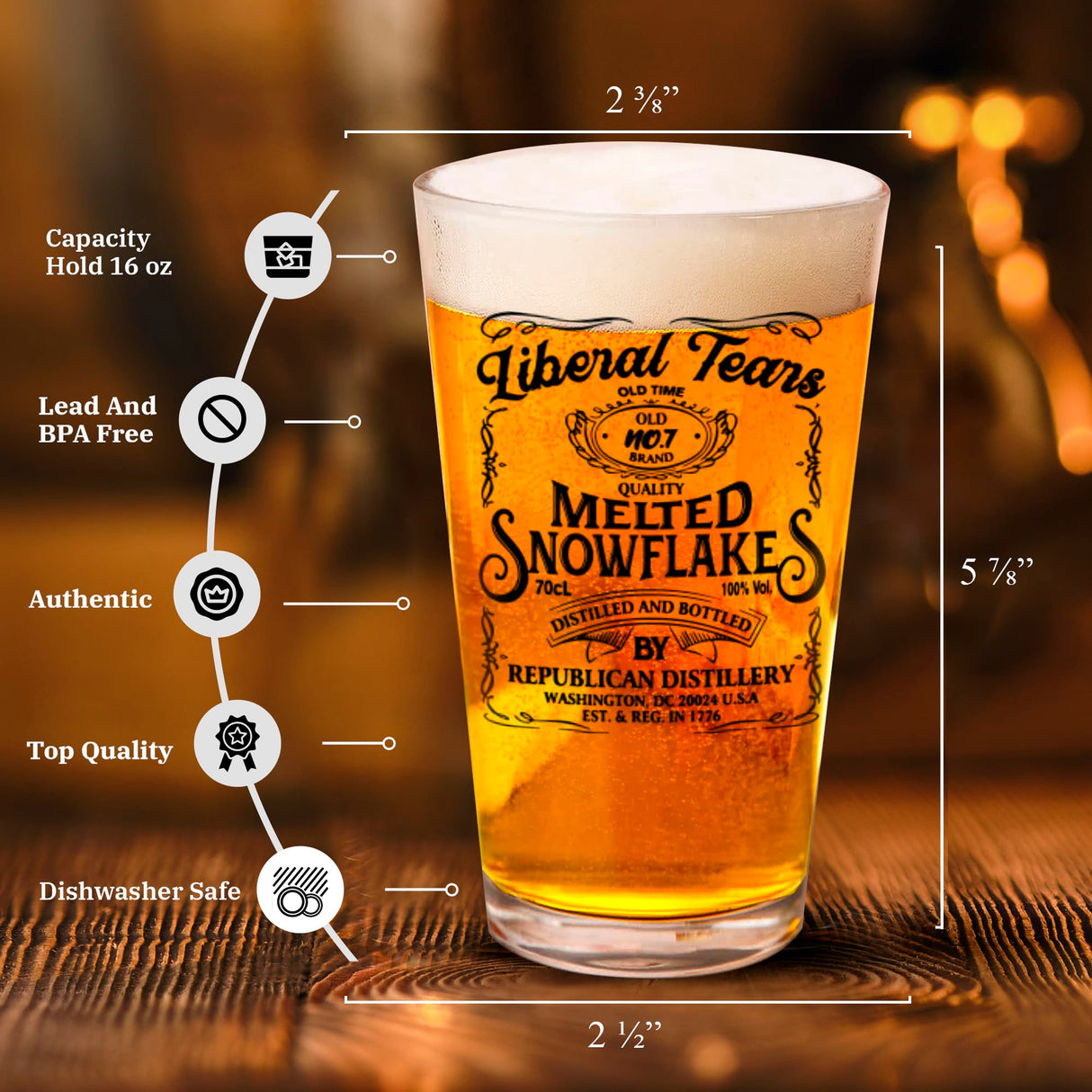 Liberal Tears Melted Snowflake Label Beer Glass | Republican Distillery Est. 1776 | Conservative Gifts For Men | Retirement Gifts for Old Men | Liberal Tears Pint Glass (16 oz)