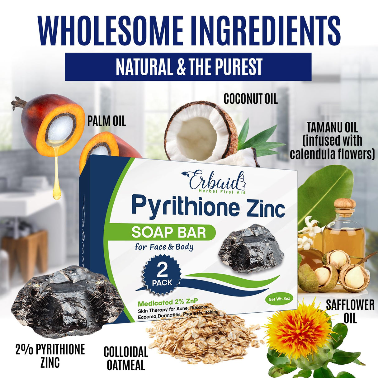 Pyrithione Zinc Soap Bar for Face & Body, 4oz | Medicated 2% ZnP Bar Soap Skin Therapy Cleanser for Acne, Rosacea, Eczema, Dermatitis, Psoriasis, Itching | Cleansing, Calming Facial Wash Made in USA