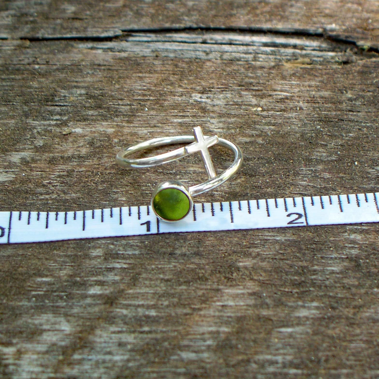 Recycled Antique Bottles and Glassware Sterling Silver At The Cross Adjustable Ring (Aqua Vintage Mason Jar)