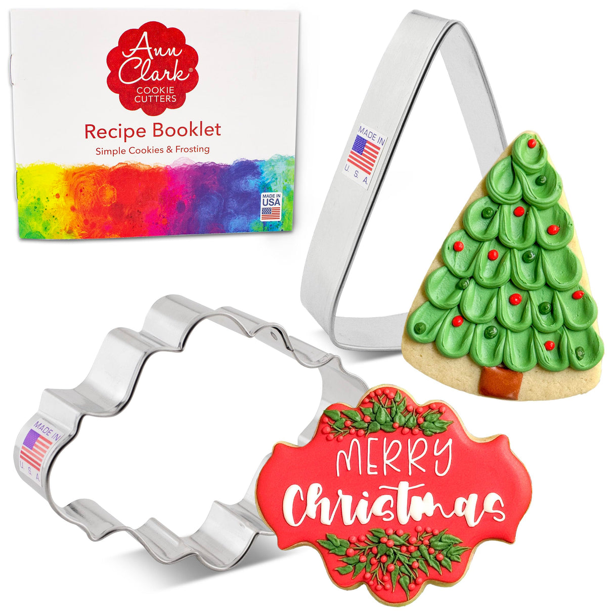Christmas Cookie Centerpiece 2-pc Cookie Cutter Set Made in the USA by Ann Clark, Oval Plaque, Christmas Tree