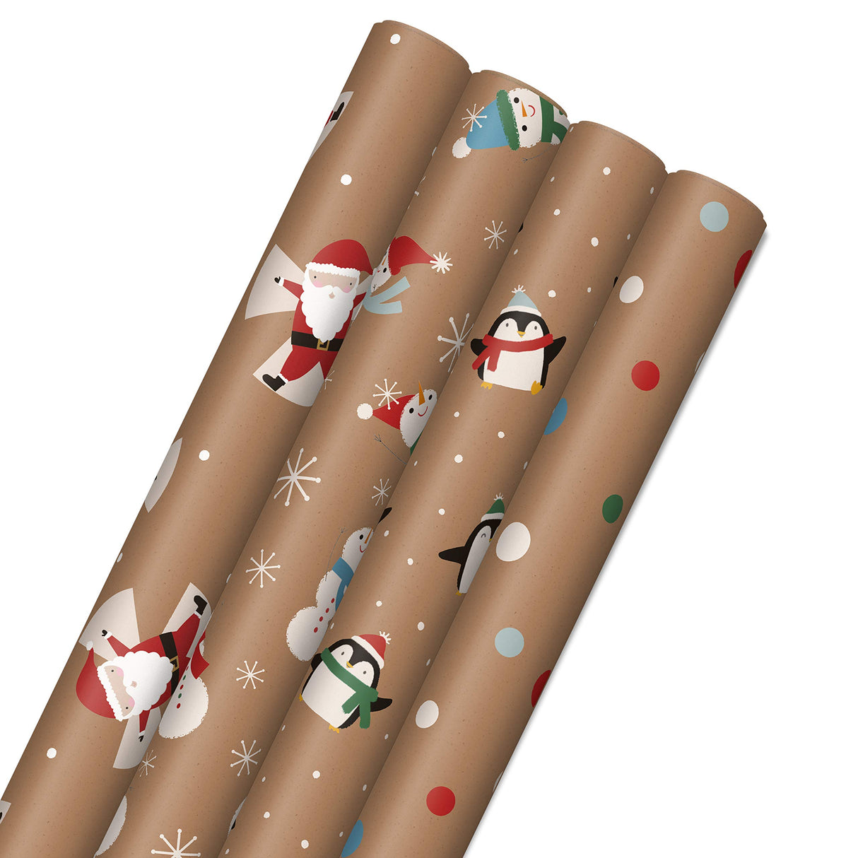 Hallmark Kraft Christmas Wrapping Paper for Kids with Cut Lines on Reverse (4 Rolls: 88 sq. ft. ttl) Penguins, Santa, Snowmen, Polka Dots