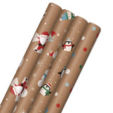 Hallmark Kraft Christmas Wrapping Paper for Kids with Cut Lines on Reverse (4 Rolls: 88 sq. ft. ttl) Penguins, Santa, Snowmen, Polka Dots