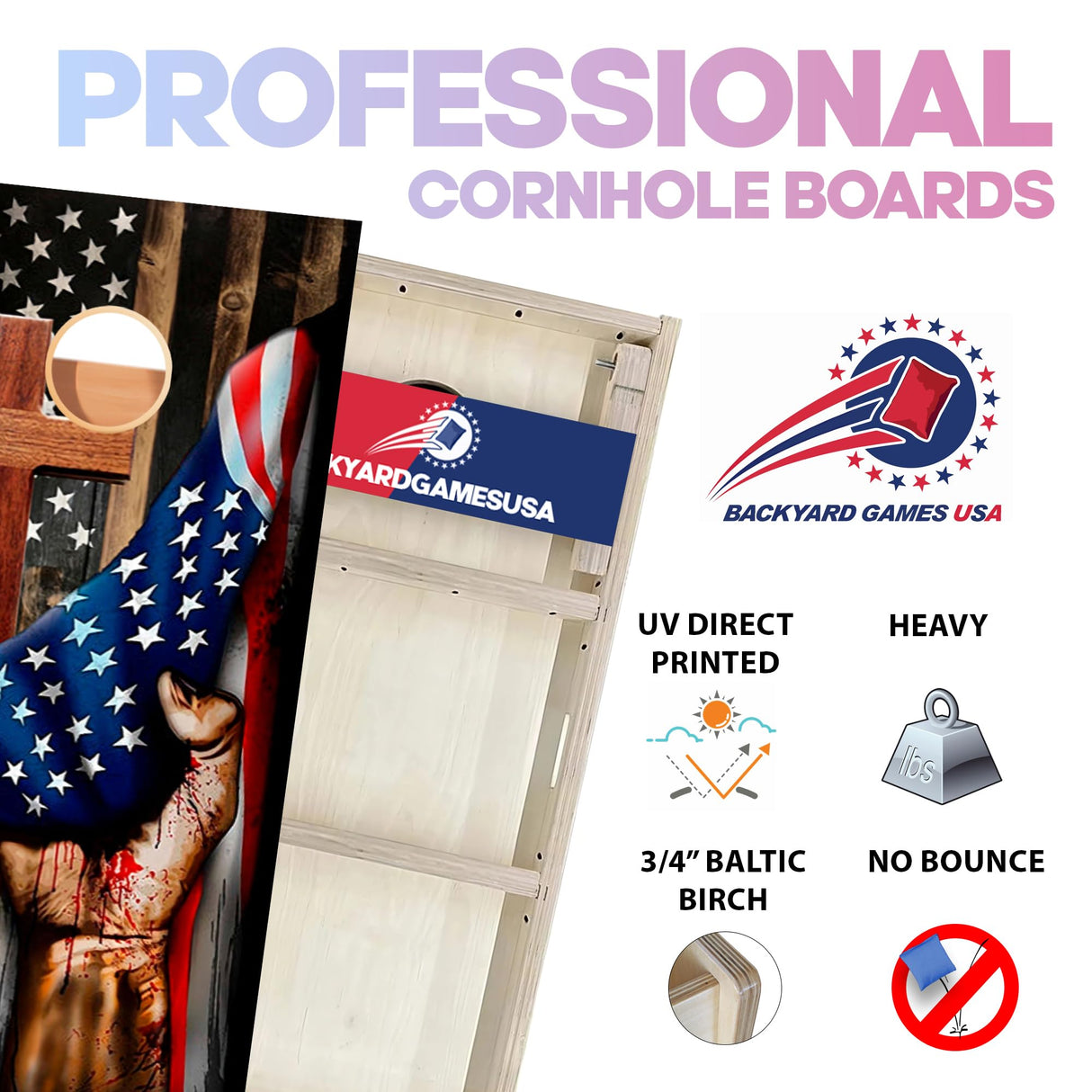 BackYardGamesUSA Pro Cornhole Boards Set | Made in USA | 3/4 Baltic Birch | No Bounce | Triple Thick Legs | Two Brace & Handles, Tournament 2x4 Regulation Set with Score Tower & Cornhole Bags