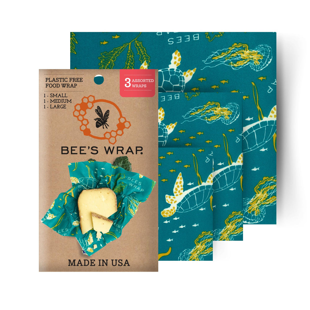 Bee's Wrap Reusable Beeswax Food Wraps Made in The USA, Eco Friendly Beeswax Wraps for Food, Sustainable Food Storage Containers, Organic Cotton Food Wraps, Assorted 3 Pack (S, M, L), Honeycomb