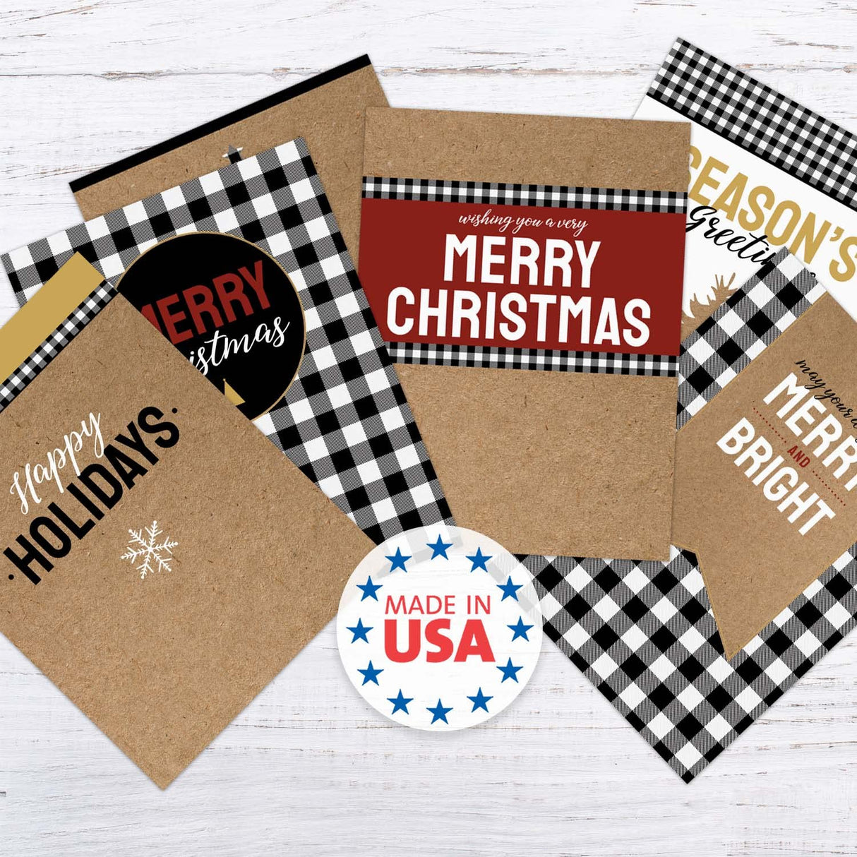 Painted Kraft Style Holiday Cards / 24 Modern Christmas Note Cards With White Envelopes / 4 5/8" x 6 1/4" Illustrated Faux Kraft Greeting Cards / 6 Cheery Winter Designs/Made In The USA