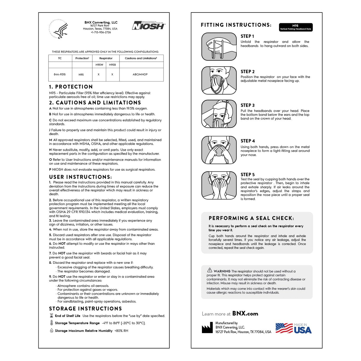 BNX N95 Mask NIOSH Certified MADE IN USA Particulate Respirator Protective Face Mask (10-Pack, Approval Number TC-84A-9315 / Model H95W) White