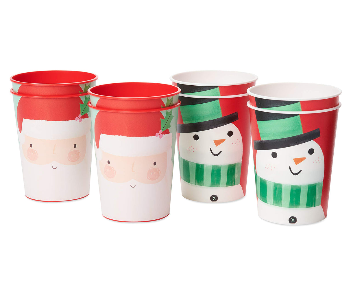 American Greetings 8-Count 16 oz. Reusable Plastic Cups, Santa and Snowman Christmas Party Supplies