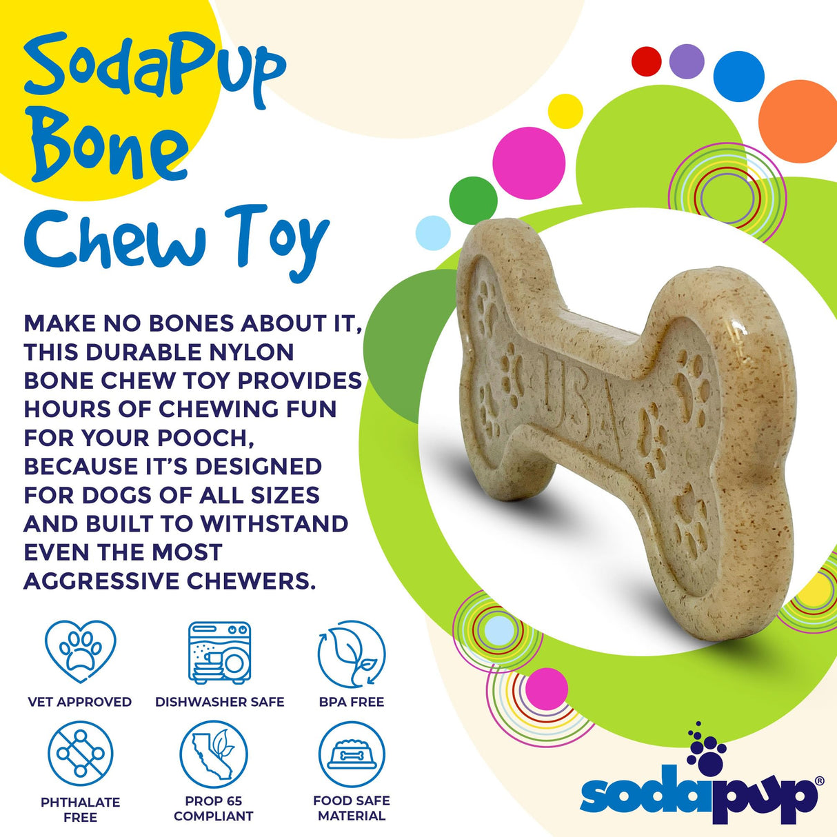 SodaPup Hot Dog – Durable Dog Chew Toy Made in USA from Non-Toxic, Pet Safe, Food Safe Nylon Material for Mental Stimulation, Clean Teeth, Fresh Breath, Problem Chewing, Calming Nerves, & More