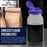 Brewing America Mason Jar Cold Brew Coffee Maker Infuser: Made in USA Wide Mouth Mason Jar with Screw Top Pour and Drinking Lid, Stainless Steel Filter - Coffee, Tea, Alcohol - 2 Quart 64 oz Blue Lid