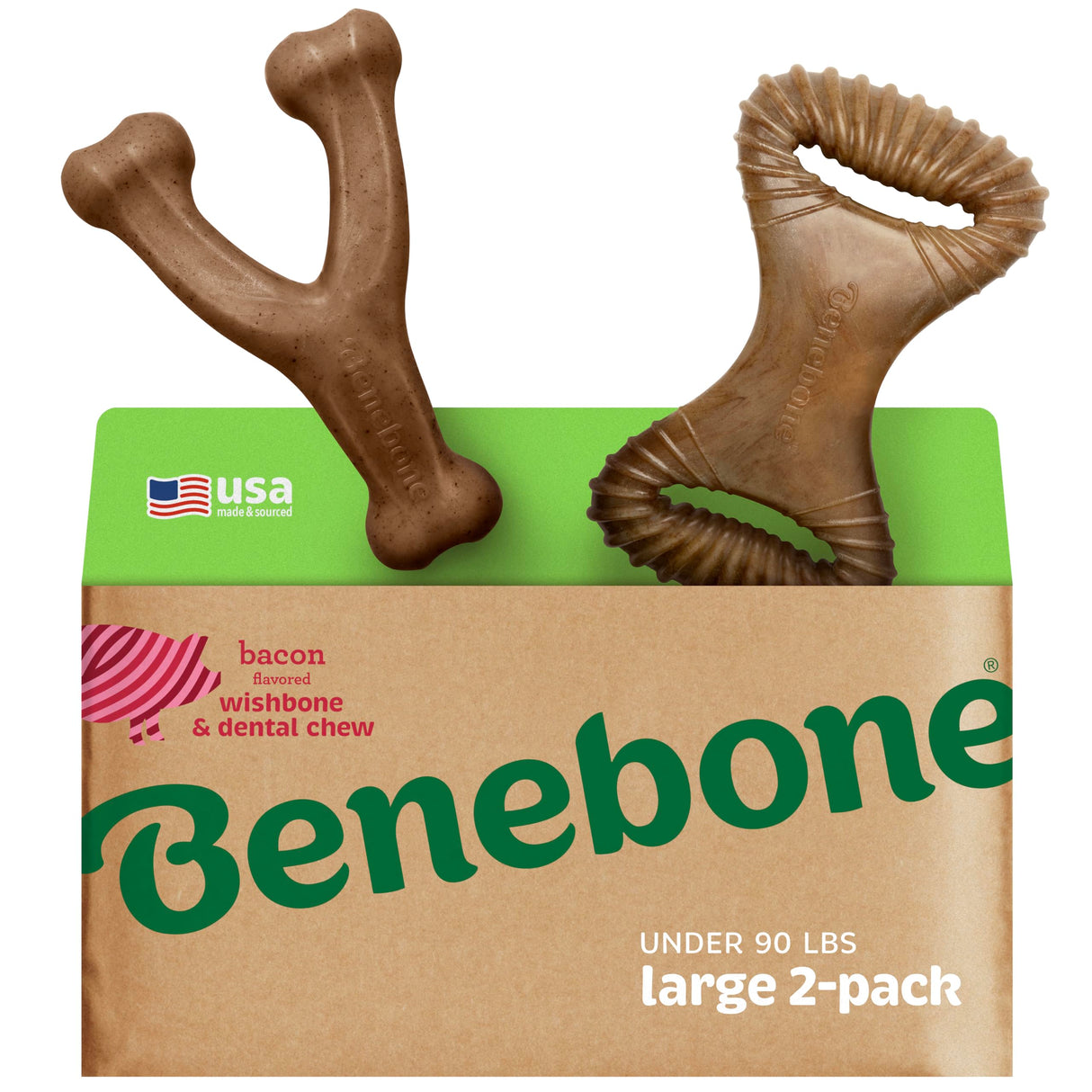 Benebone 2-pack Wishbone/Dental Durable Dog Chew Toys, Dog Toys for Aggressive Chewers, Real Bacon, Made in USA, Medium