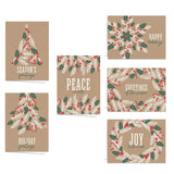 Painted Kraft Style Holiday Cards / 24 Modern Christmas Note Cards With White Envelopes / 4 5/8" x 6 1/4" Illustrated Faux Kraft Greeting Cards / 6 Cheery Winter Designs/Made In The USA