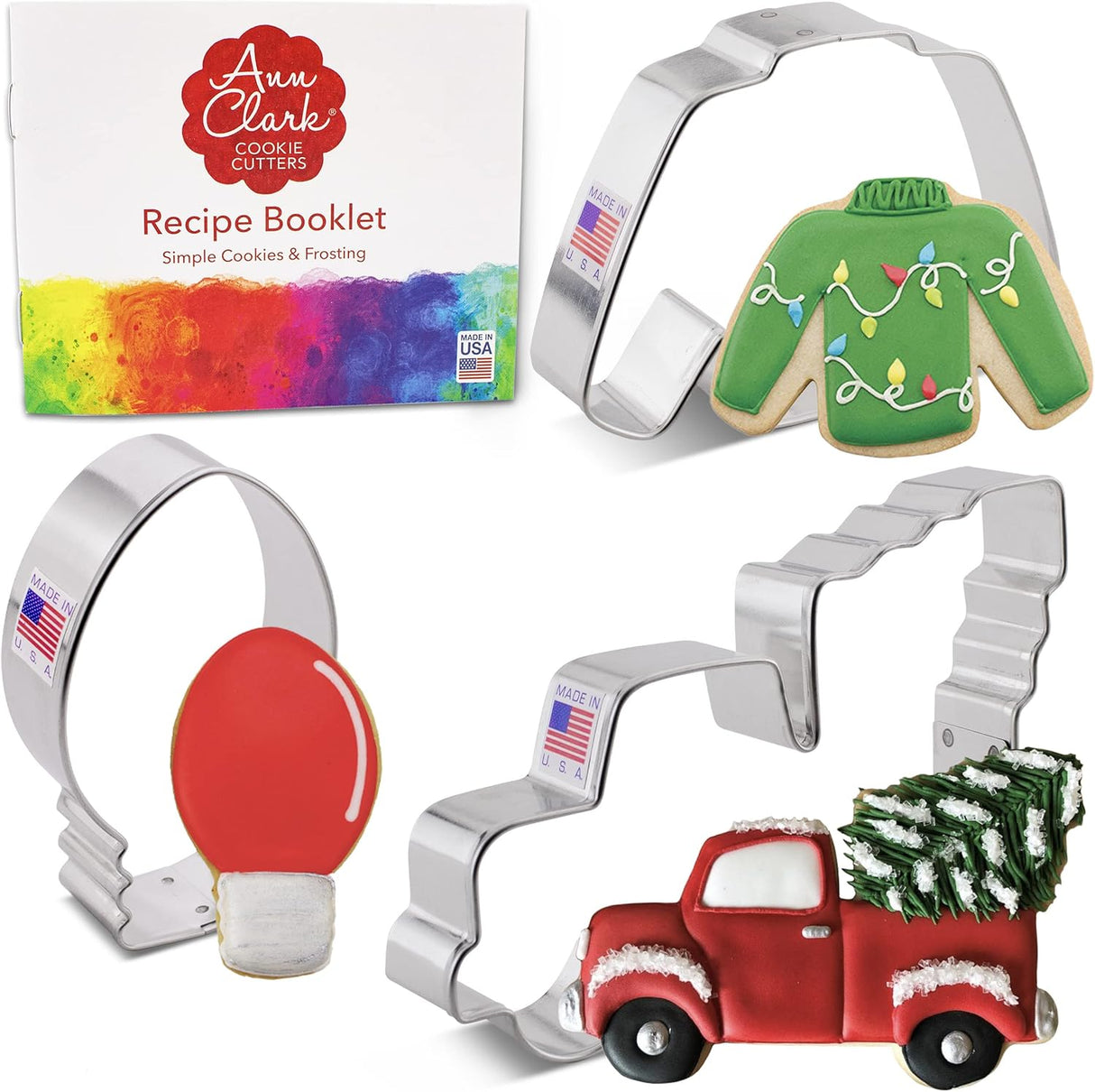Christmas Trends Cookie Cutters 3-Pc. Set Made in the USA by Ann Clark, Vintage Truck with Tree, Lightbulb, Ugly Sweater