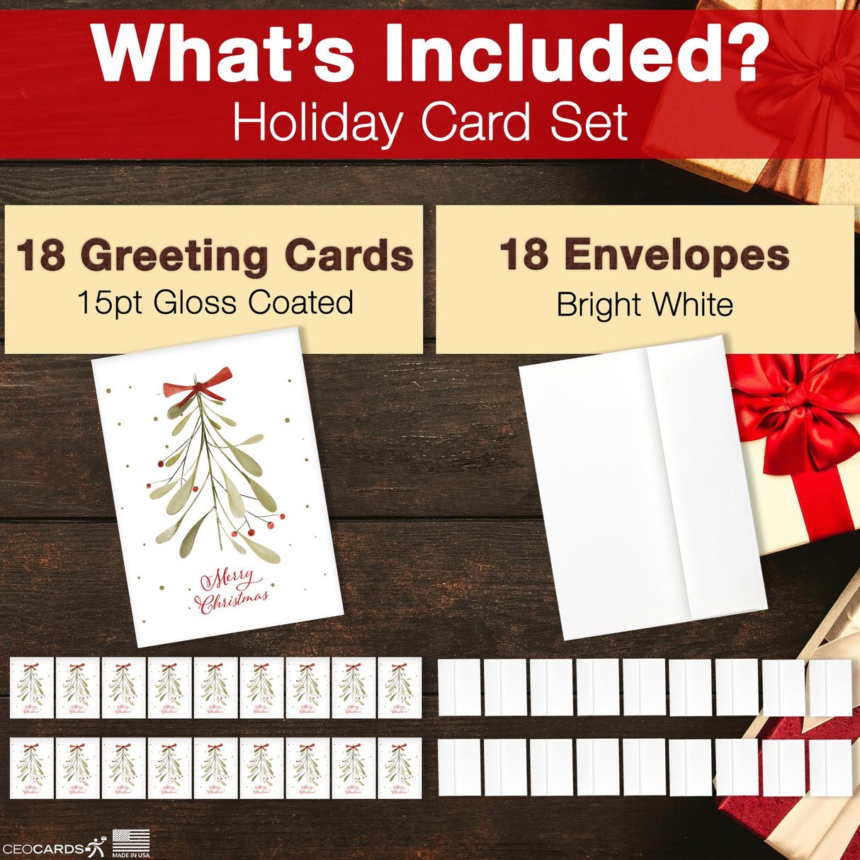 Merry Christmas Cards for Business & Family (Variety Pack 4 Seasonal Designs) Bulk Greeting Card Set Pack of 20 Holiday Cards with Envelopes (5x7 inch - A7) Office, Work, Employees & Clients VP2404