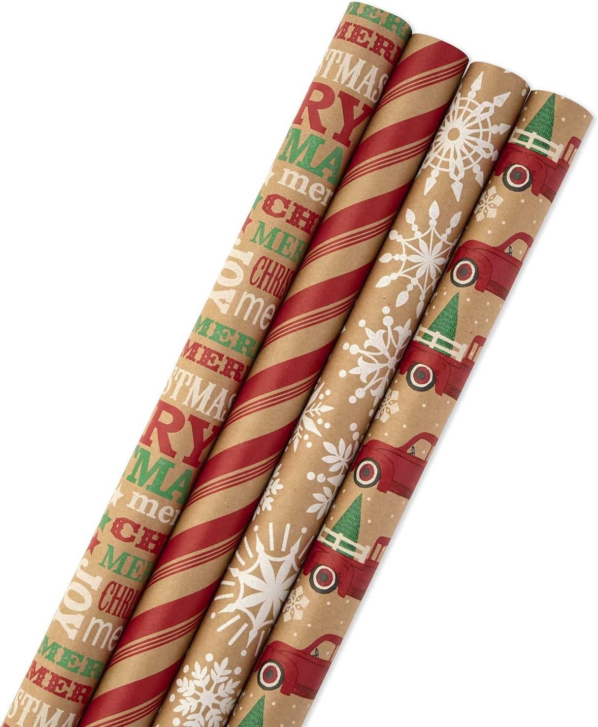 Hallmark Christmas Wrapping Paper Bundle with Cut Lines on Reverse, Kraft (Pack of 4, 88 sq. ft. ttl) Red Trucks, Snowflakes, Stripes, Merry Christmas (5JXW1038)