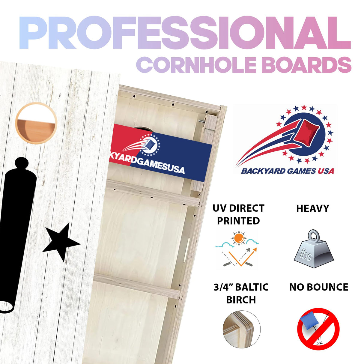 BackYardGamesUSA Pro Cornhole Boards Set | Made in USA | 3/4 Baltic Birch | No Bounce | Triple Thick Legs | Two Brace & Handles, Tournament 2x4 Regulation Set with Score Tower & Cornhole Bags