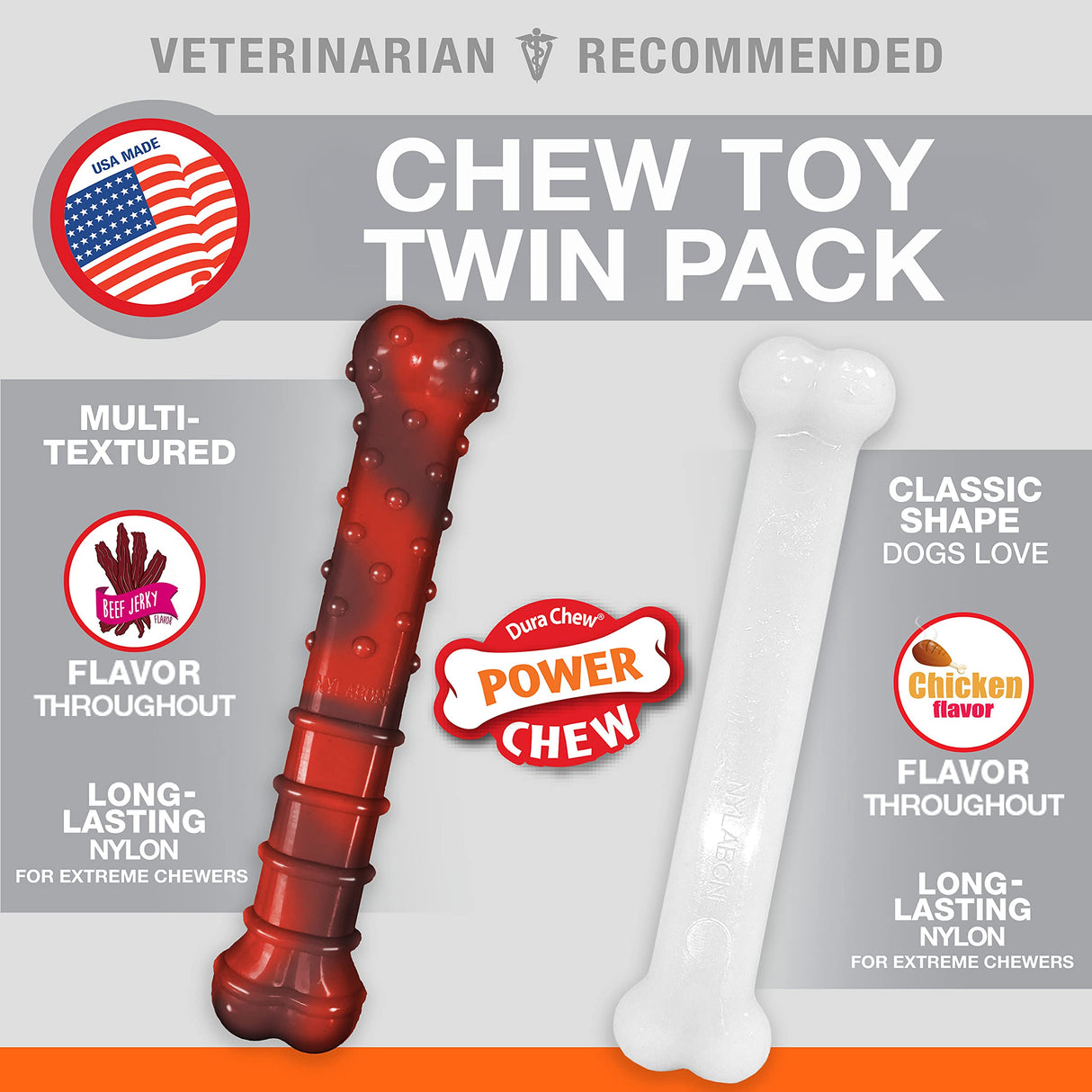 Nylabone Power Chew Classic Bone Chew Toy for Dogs, Durable Dog Toys for Aggressive Chewers, Bacon & Chicken Flavor, Medium/Wolf (2 Count)