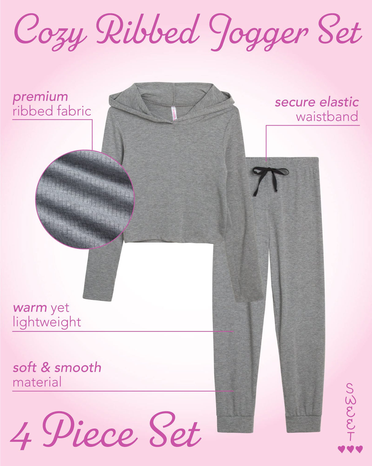 Sweet Hearts Girls' Sweatsuit Set - 4 Piece Lightweight Ribbed Pullover Hoodie Sweatshirt and Jogger Sweatpants: Made in USA