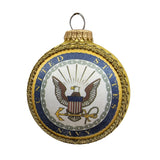 Christmas Tree Ornaments Made in The USA - 80mm / 3.25" Decorated Collectible Glass Balls from Christmas by Krebs - Handmade Hanging Holiday Decorations for Trees (Navy Emblem and Hymn, Silk)