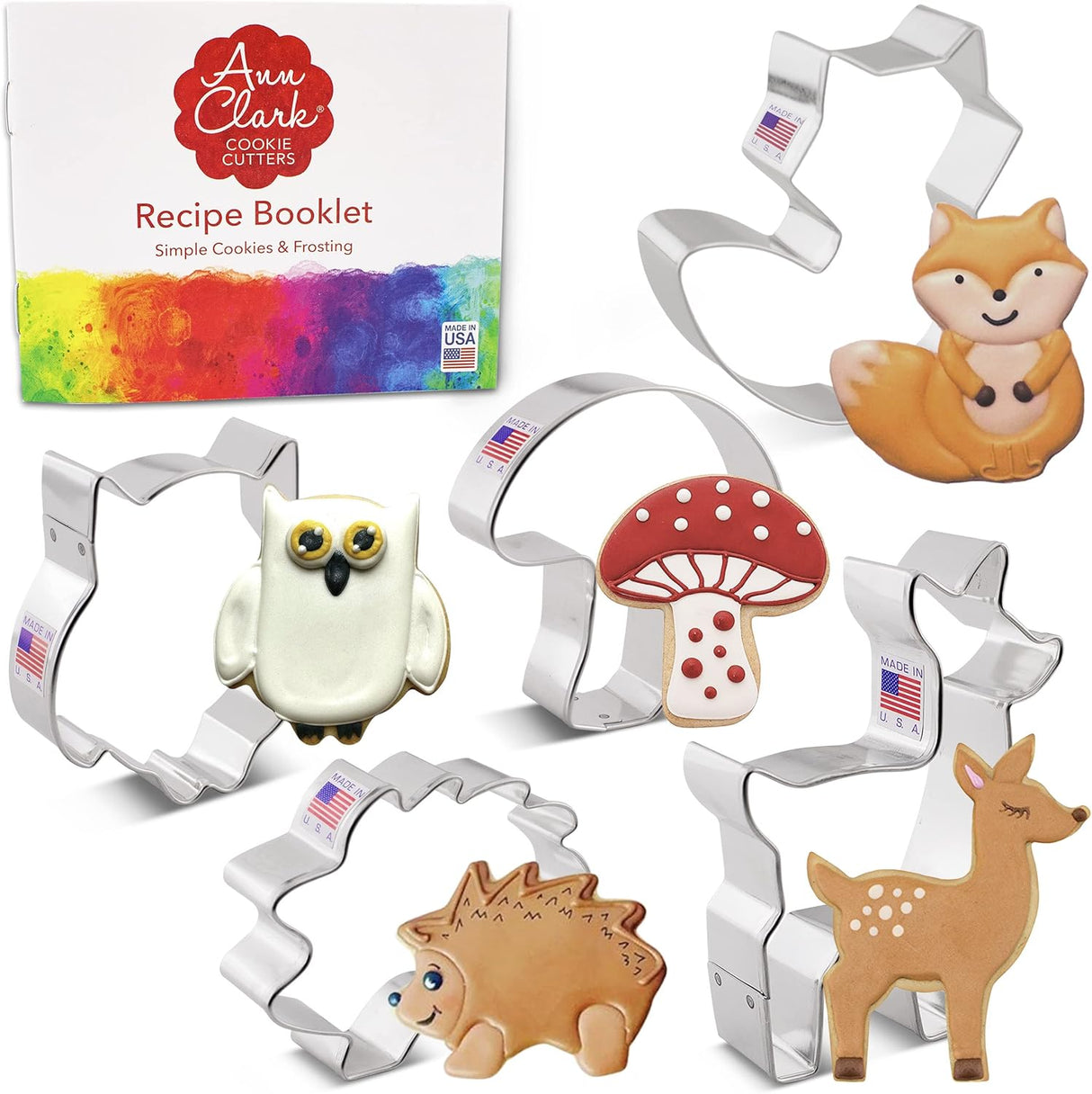 Woodland Cookie Cutters 5-Pc. Set Made in USA by Ann Clark, Fox, Deer, Owl, Hedgehog, Mushroom