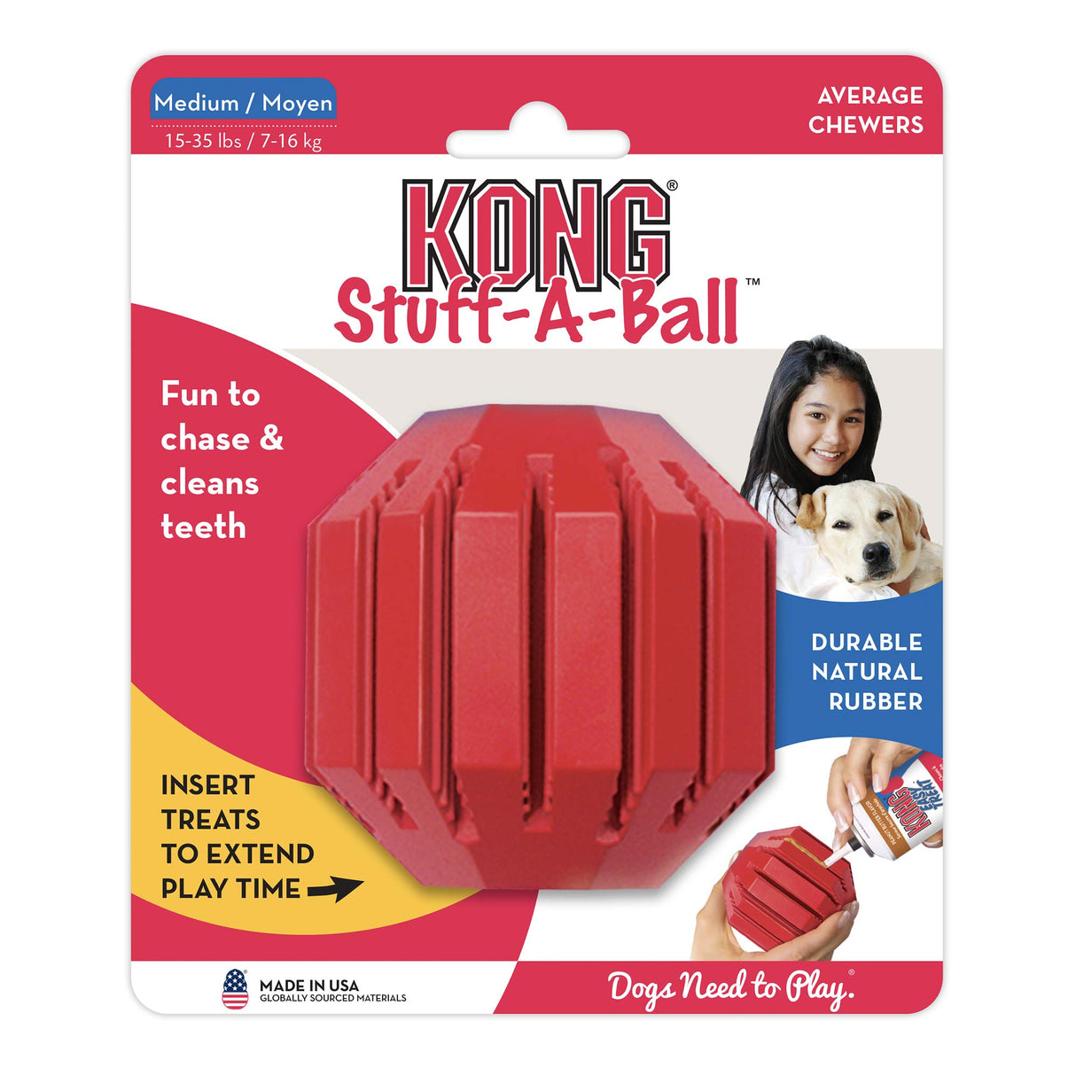 KONG Stuff-A-Ball - Durable Chew Toy for Dogs - Natural Rubber Dog Toy for Dental Health - Pet Toy for Chewing & Teeth Cleaning - Stuffable Toy for Dog Treats & Snacks - for Medium Dogs