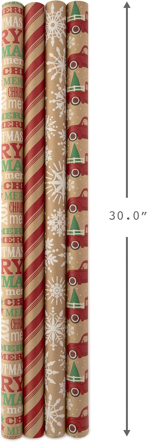 Hallmark Christmas Wrapping Paper Bundle with Cut Lines on Reverse, Kraft (Pack of 4, 88 sq. ft. ttl) Red Trucks, Snowflakes, Stripes, Merry Christmas (5JXW1038)