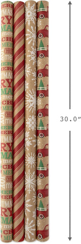 Hallmark Christmas Wrapping Paper Bundle with Cut Lines on Reverse, Kraft (Pack of 4, 88 sq. ft. ttl) Red Trucks, Snowflakes, Stripes, Merry Christmas (5JXW1038)