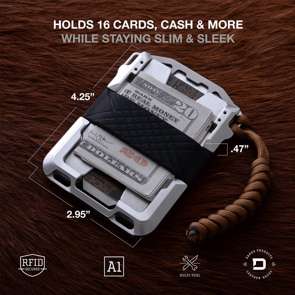 Dango Slim Minimalist Wallet for Men - RFID Blocking - Leather- Bifold, Rawhide/Raw Aluminum