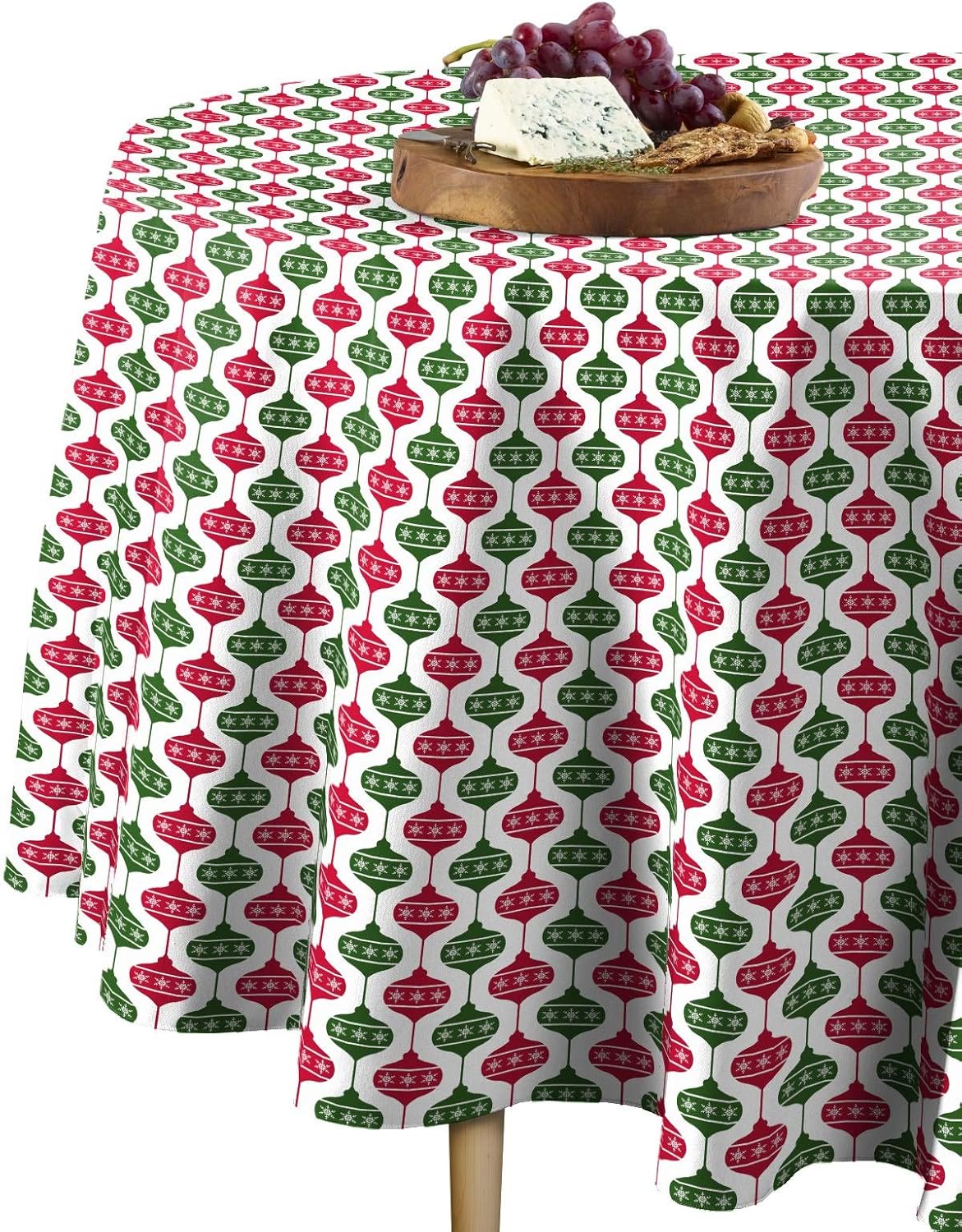 Fabric Textile Products Round Tablecloth, 100% Milliken Polyester, Machine Washable, 120" Round, Green & Red Christmas Ornaments