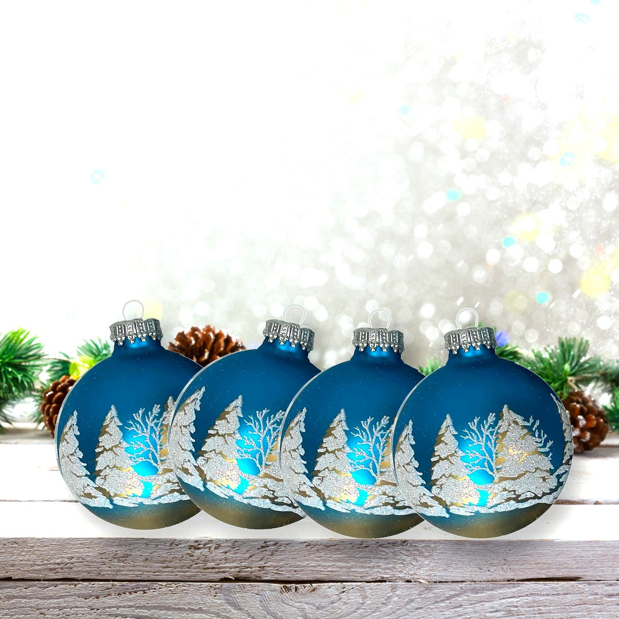 Glass Christmas Tree Ornaments - 67mm/2.625" [4 Pieces] Decorated Balls from Christmas by Krebs Seamless Hanging Holiday Decor (Frost with Blue & Silver Bethlehem Scene)