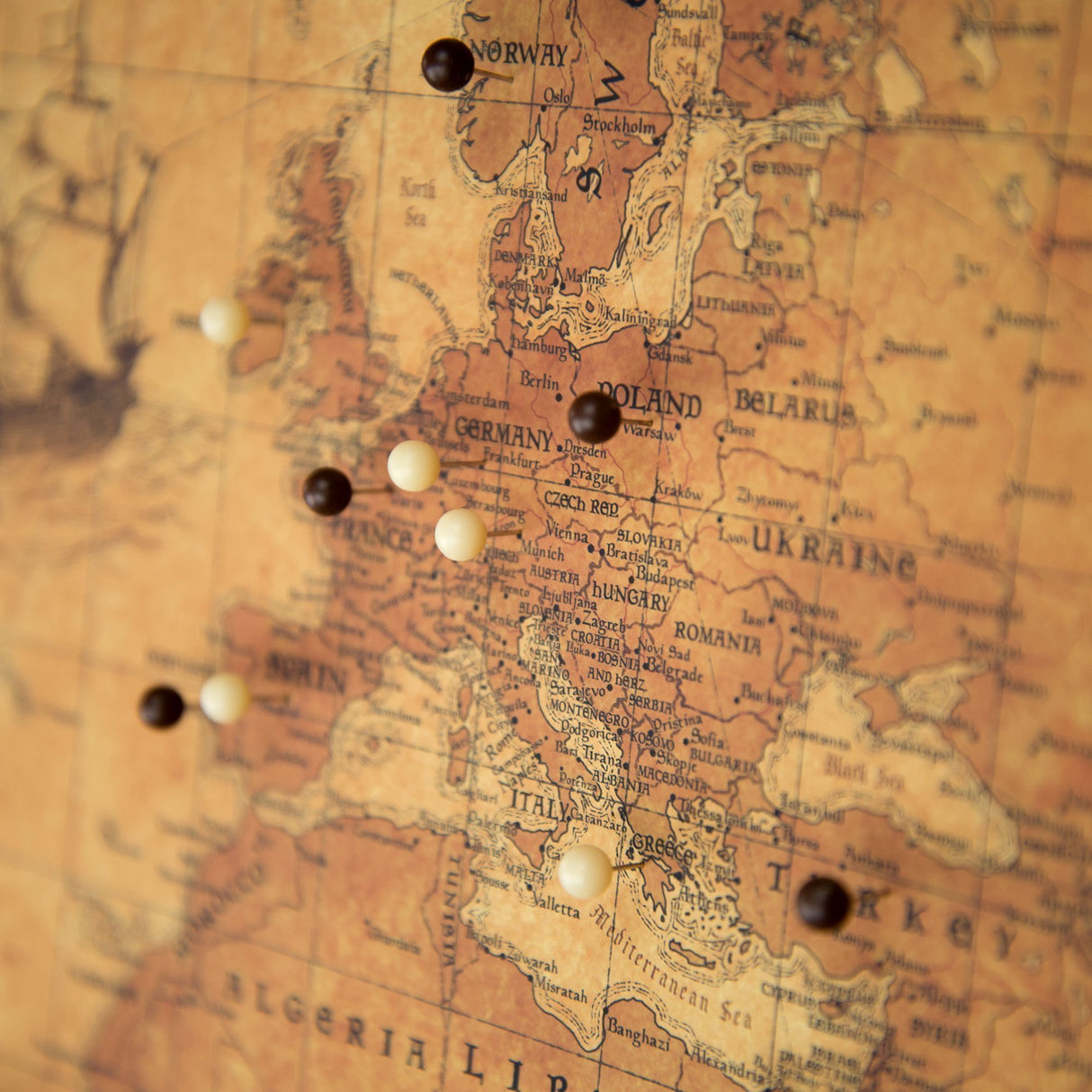 Push Pin World Map Board - With Push Pins to Mark World Travel - Handmade in Ohio, USA - Design: Golden Aged (48" x 32")